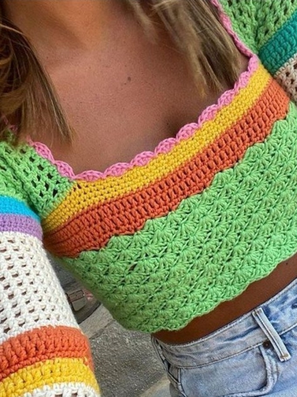 Pink Lily Vibrant Striped Crochet Crop Top — Pink, Yellow, Orange, Green